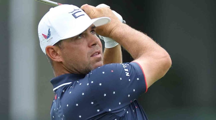 Gary Woodland plays a shot during the 2023 Travelers Championship in Cromwell, Conn.